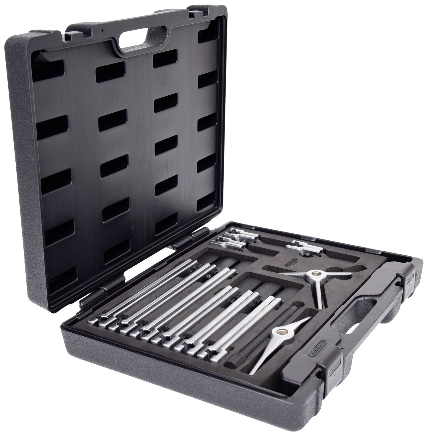 An open toolbox with a set of measuring tools and rods, neatly arranged in a foam insert.