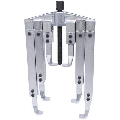 A three-legged metal puller with gripping claws and a screw at the top. Used for removing bearings or gear wheels.