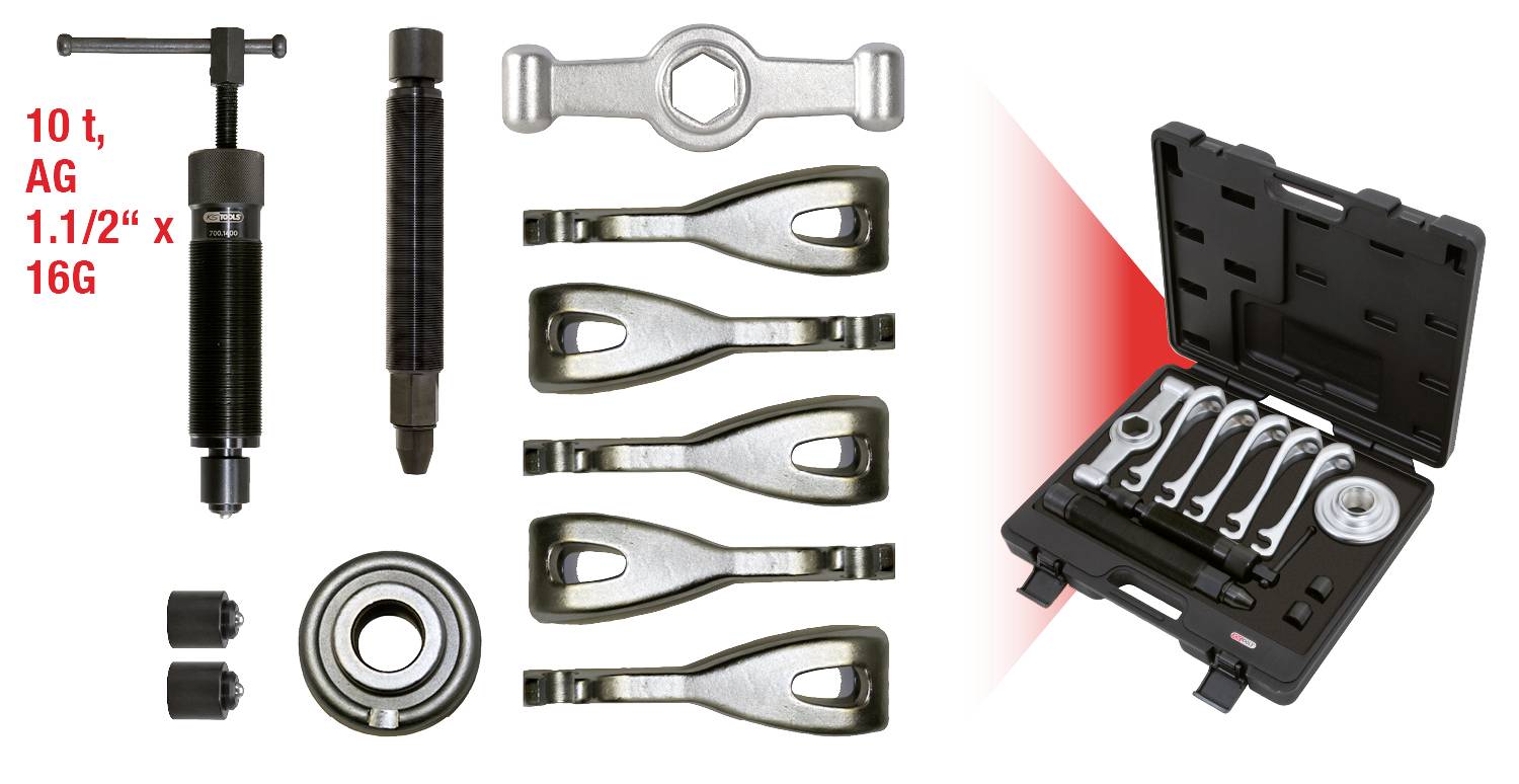 'Set of traction tools and pliers in a black case. Text on the left side: 10 t, AG 1.1/2" x 16G.'