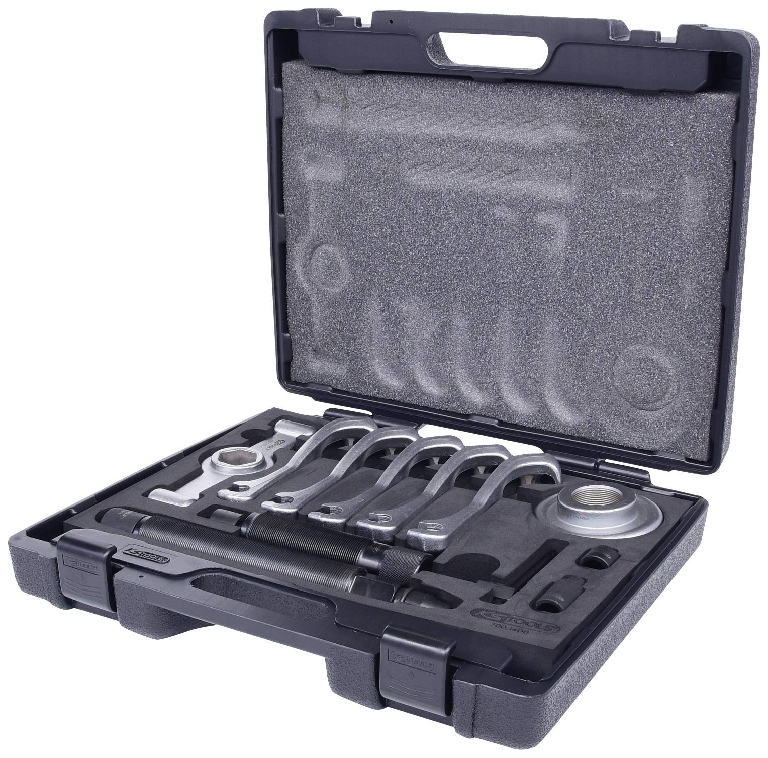 Opened black tool case with various metallic tools and accessories in a shaped foam insert.