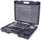 Opened black tool case with various metallic tools and accessories in a shaped foam insert.