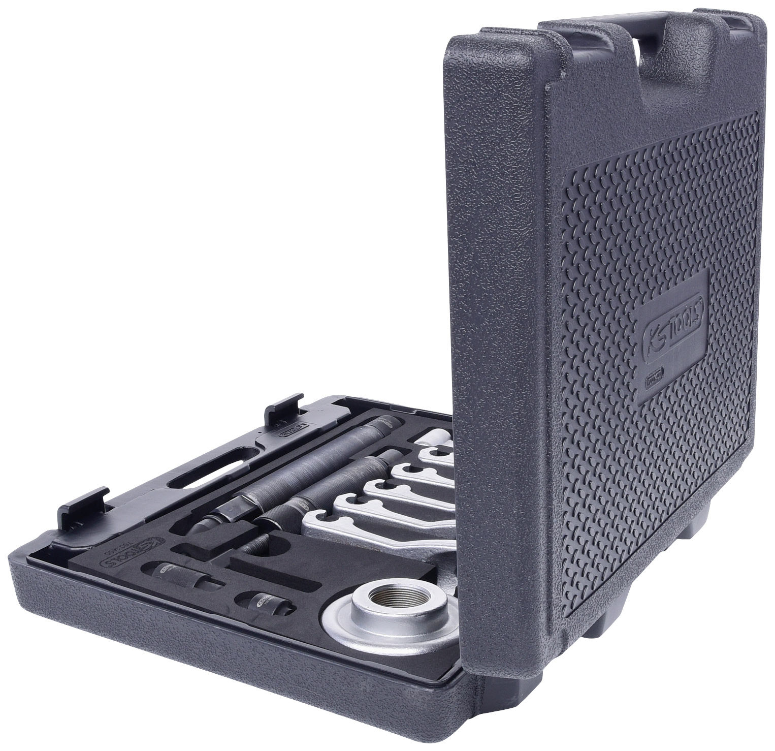 Tool case with open lid, containing several spanners and accessory parts.