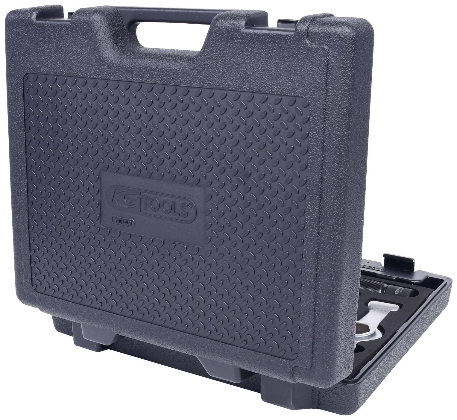 Grey plastic tool case, closed, with carry handle and textured surface. Brand logo visible on the front.
