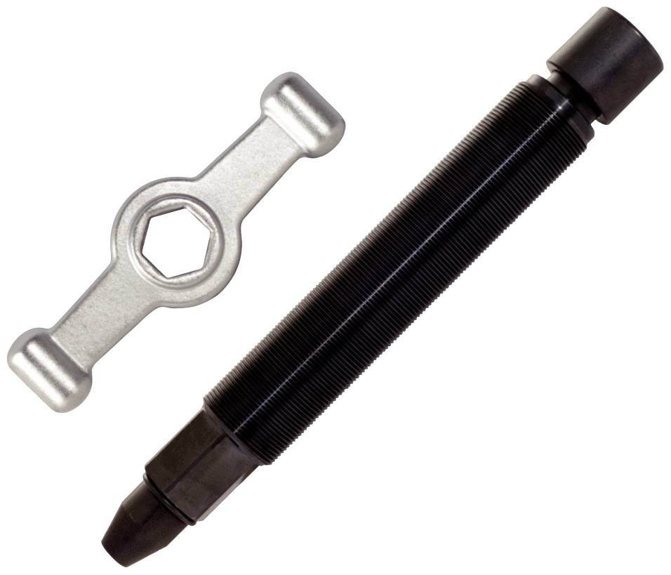 Tool consisting of a threaded bolt with a black shaft and a silver hand crank for repair or assembly.