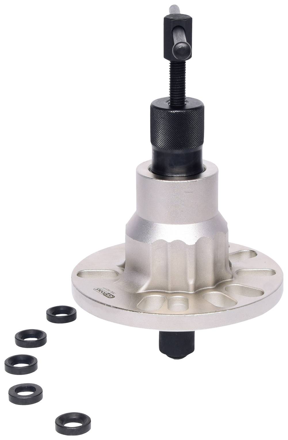 Tool for mounting bearings or wheel hubs, consisting of a central threaded bolt, attachment and several washers.