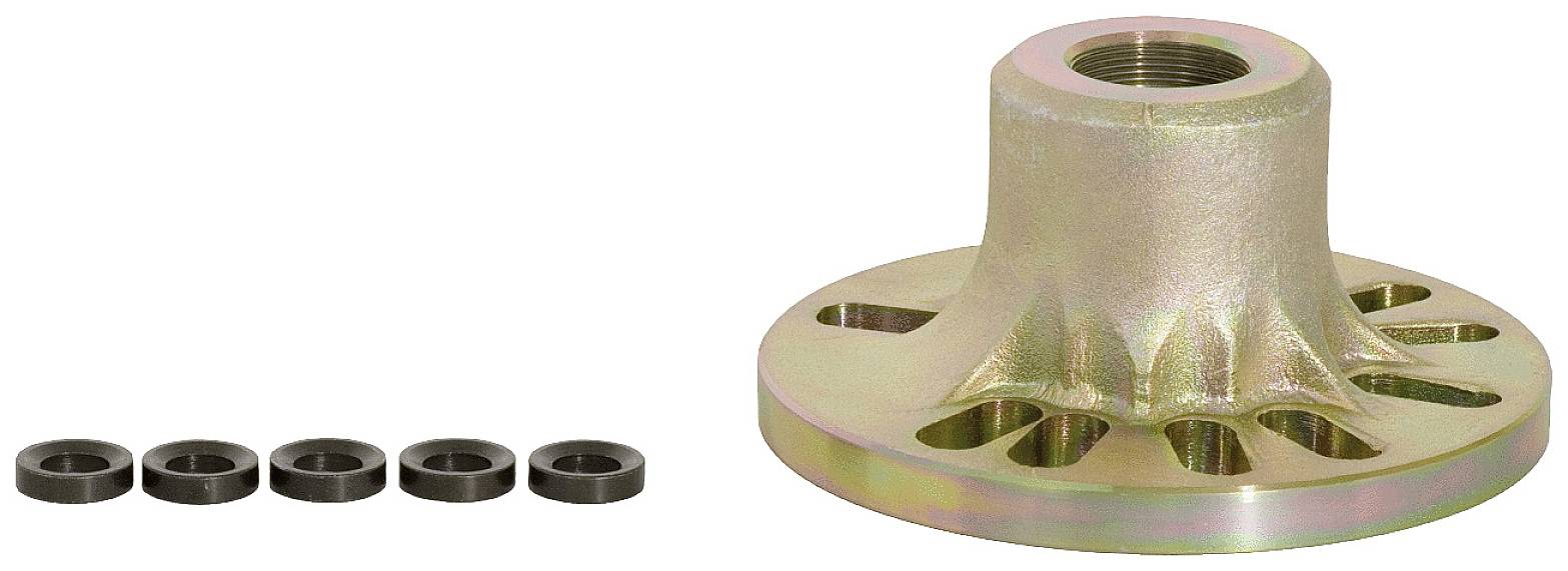 Metal adapter with radial ventilation slots and central thread, alongside five small black discs, likely washers.