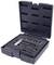 An open black suitcase reveals a precise tool set with chisels and metal studs, neatly nestled in foam padding.