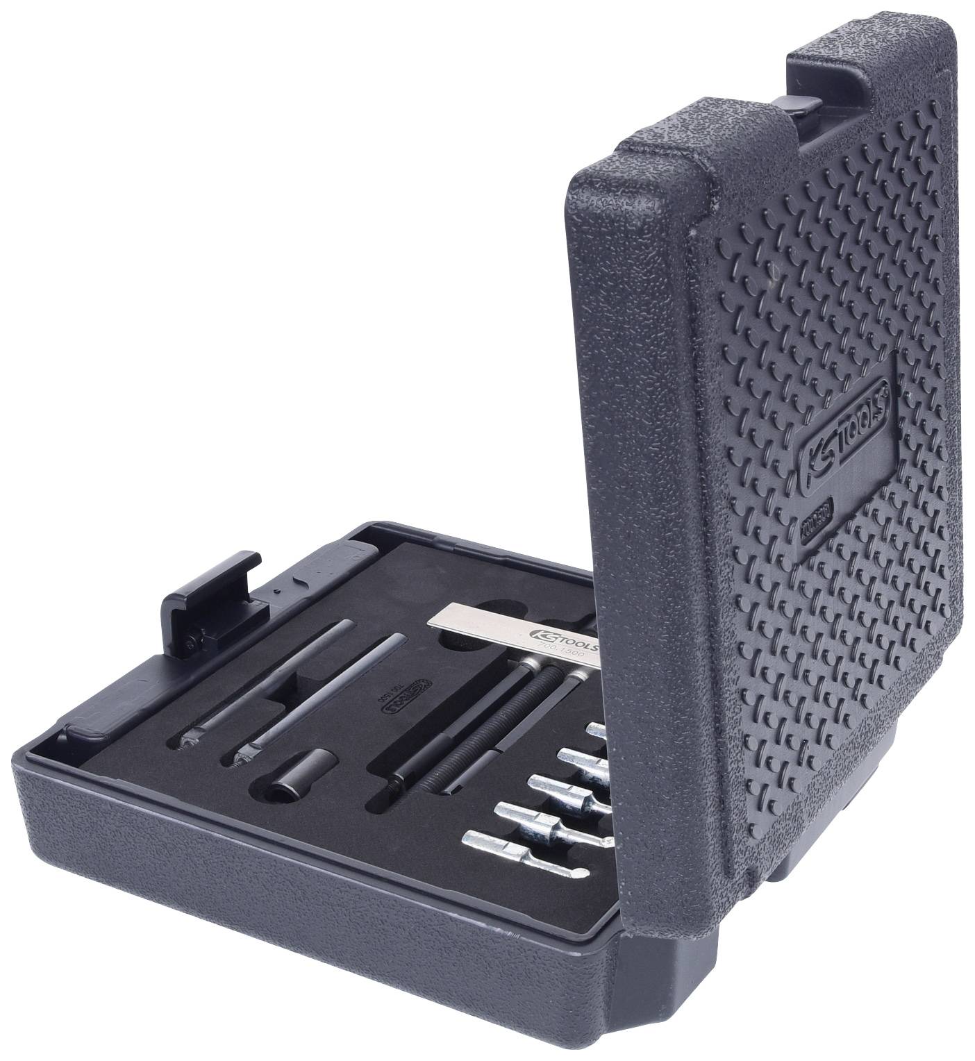 A black tool case is open, showing various tools neatly arranged in compartments. The lid stands upright.