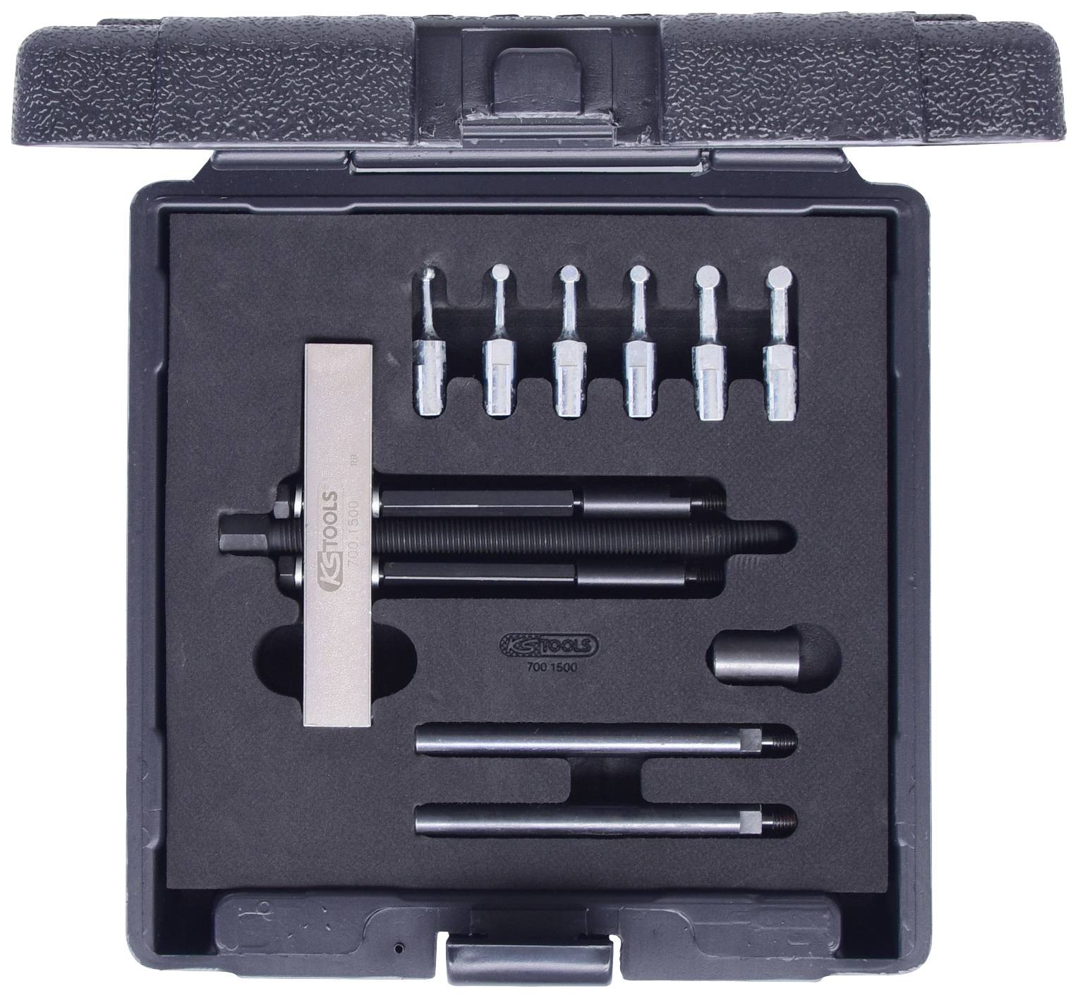 An open toolbox with a puller set, comprising various attachments and handles, neatly laid out in foam.