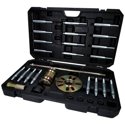 A black open tool case with various metal tools, including spanners, bolts and adapters, neatly arranged.