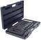 An opened black case with custom-made compartments securely holding various metallic tools or components.