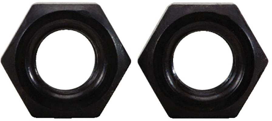 Two black hexagonal nuts side by side on a white background.