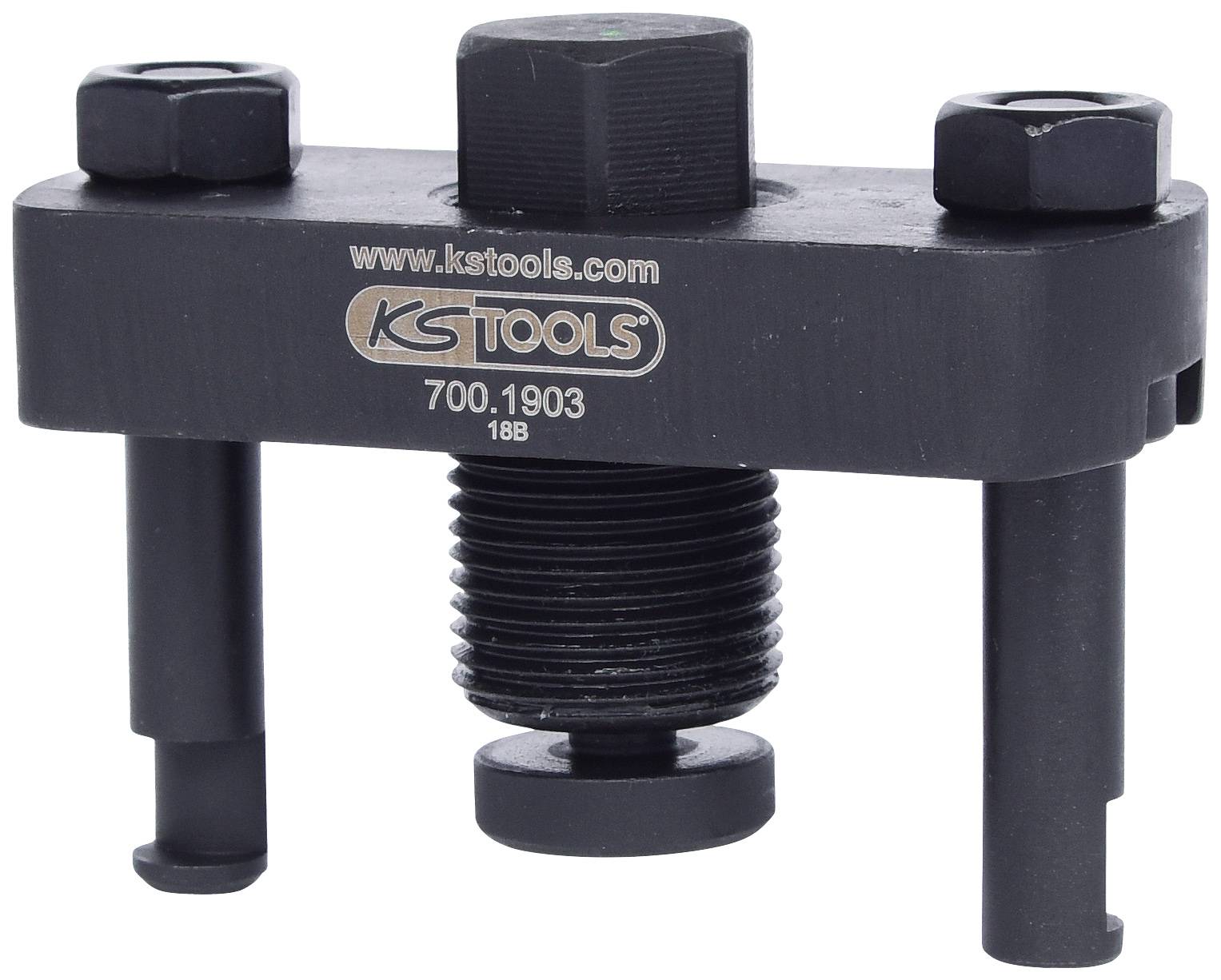Tool component from KS Tools with screw mechanism and two bolts. Suitable for specific assembly tasks.