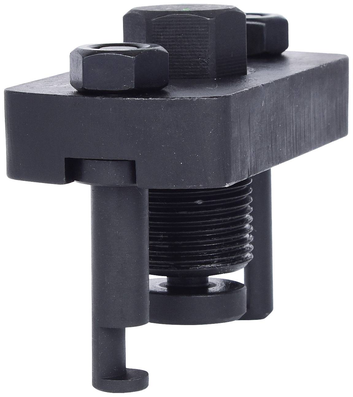 A black, metallic tool component with a bolt and nut, which may be used in machinery applications.