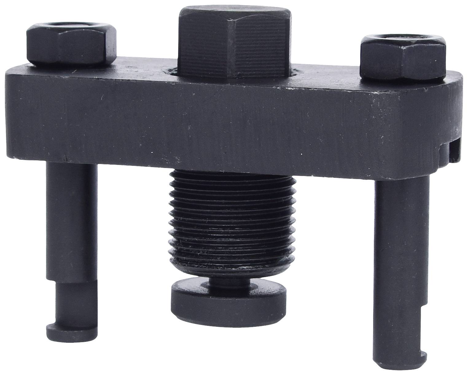 Black metal puller with two bolts, a central screw and two screw heads on the sides. Used for loosening tight components.