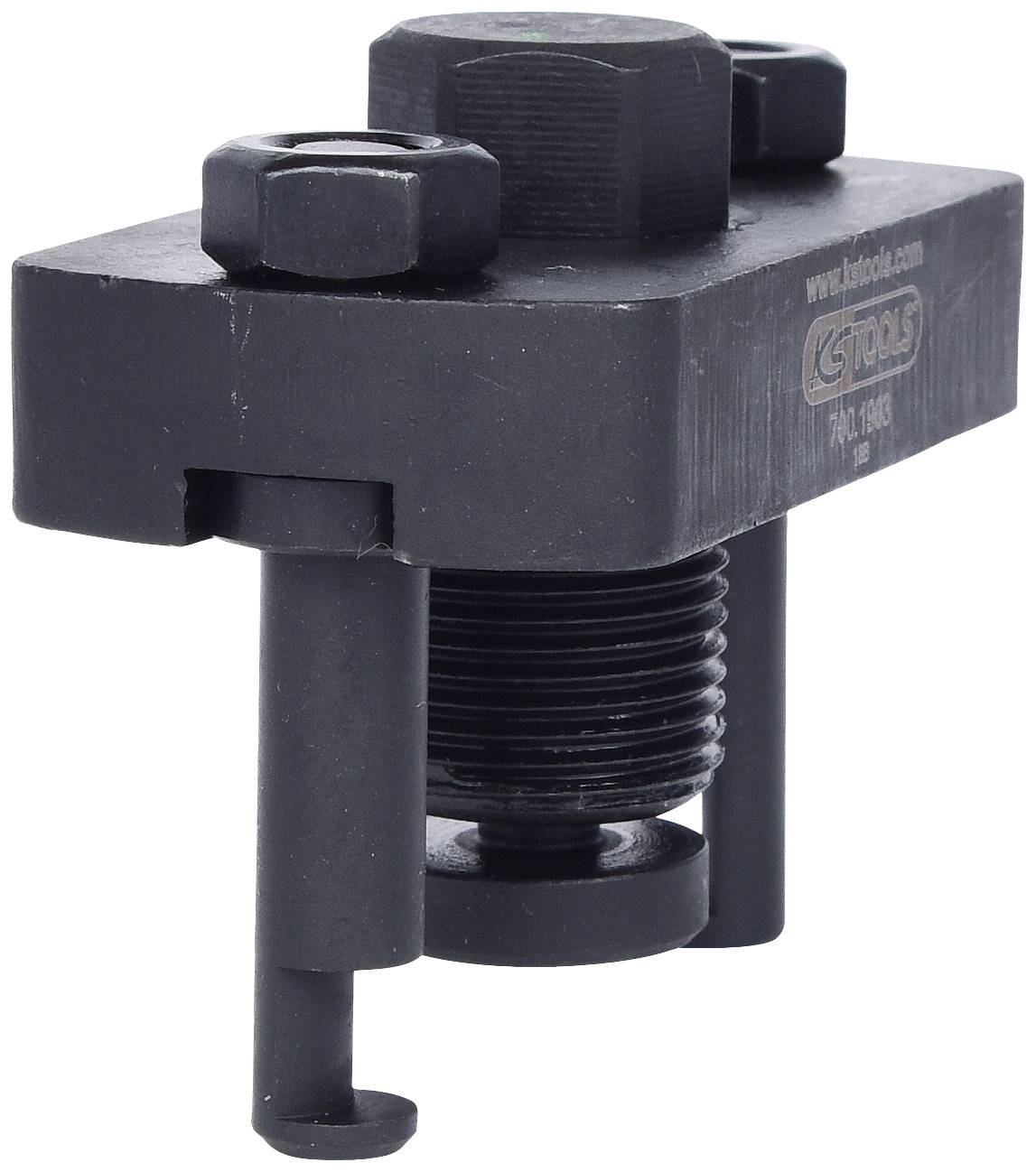 A black, metallic puller with a screw mechanism and two hooks, used for removing bearings or bushes.