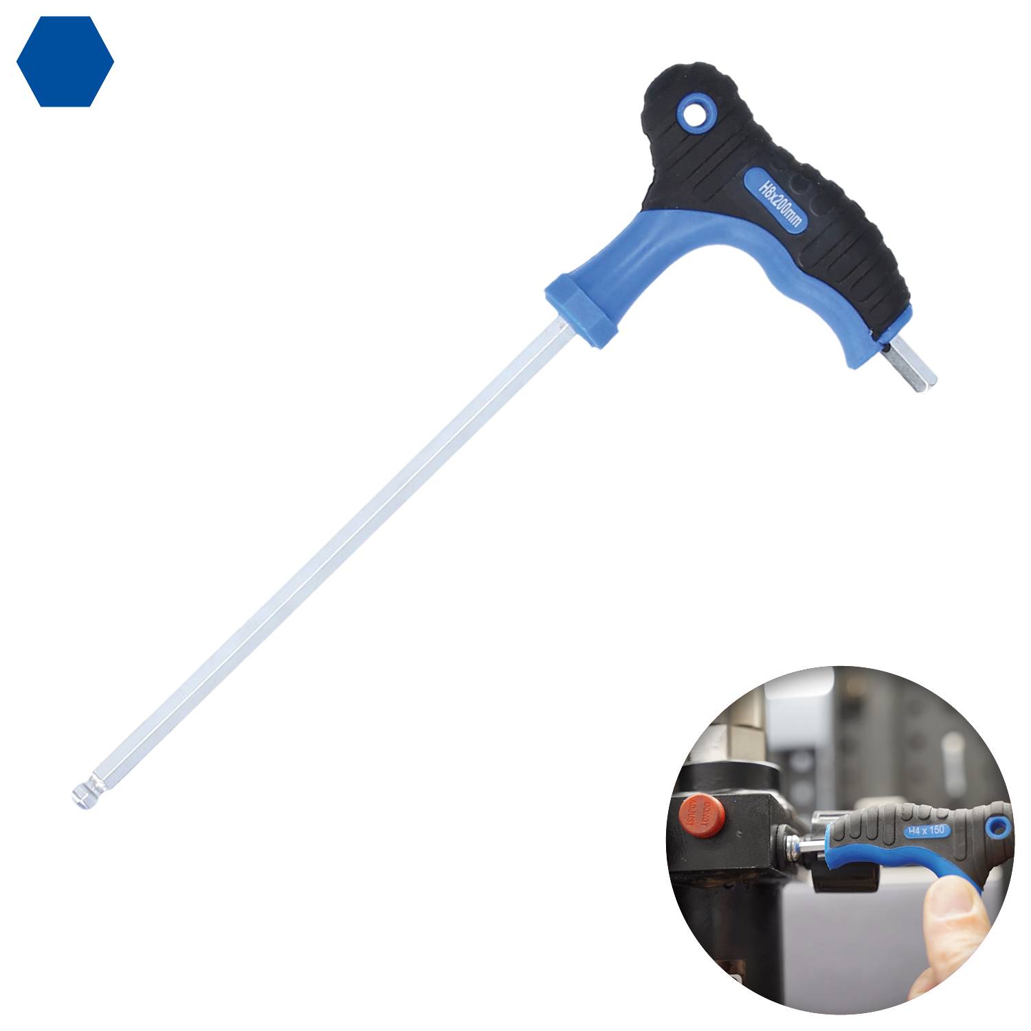 Long screwdriver with a blue-black handle. Shows tool application in a small image vignette in the bottom right.