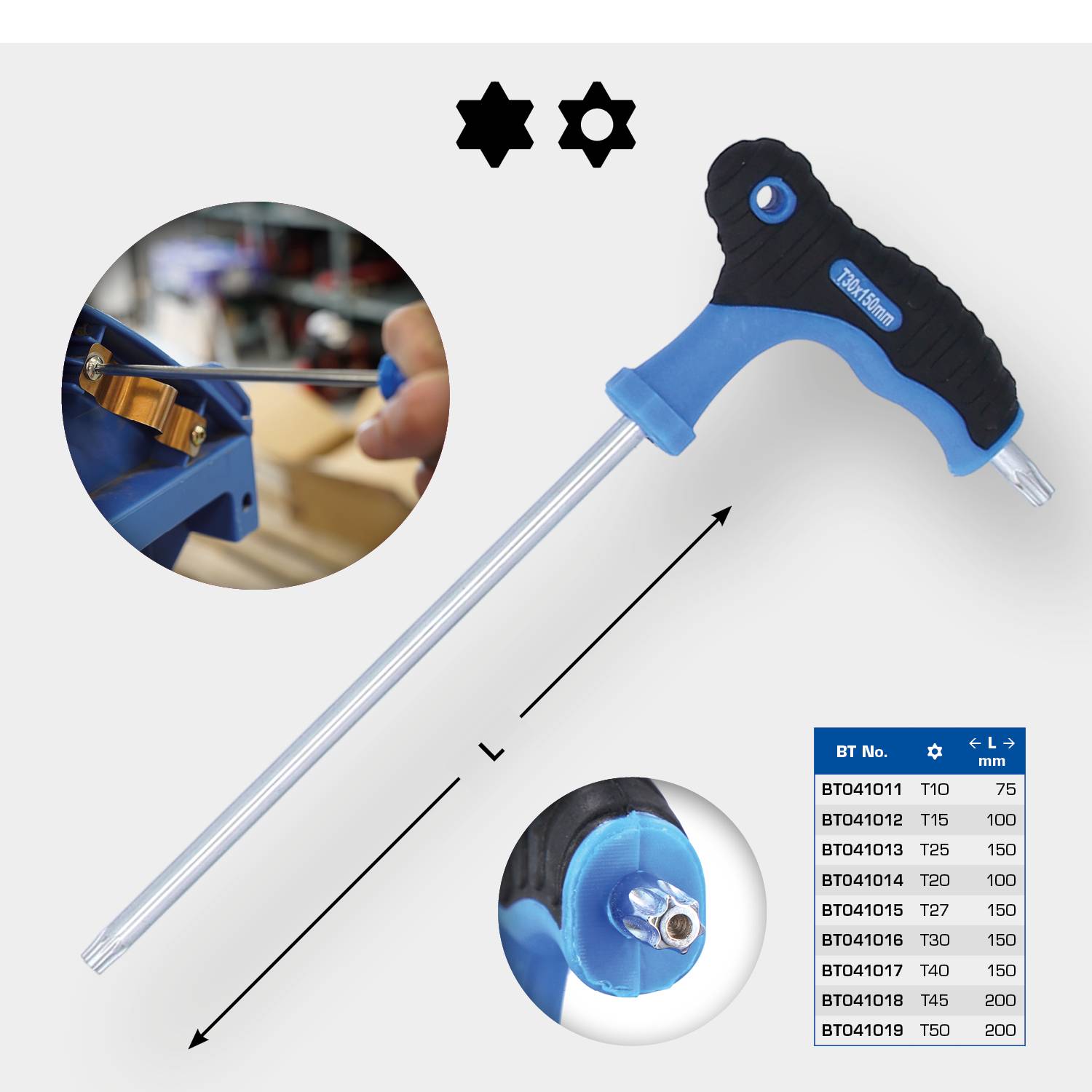Two adjustable spanners with blue handles. Close-up images demonstrate the application and use on a bolt. Table on the right shows models and sizes.