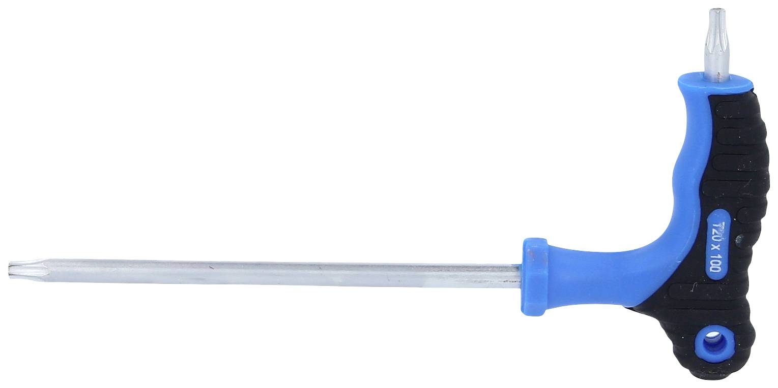 A blue T-handled screwdriver with a black rubber grip, Torx bit and metal shaft on a white background.