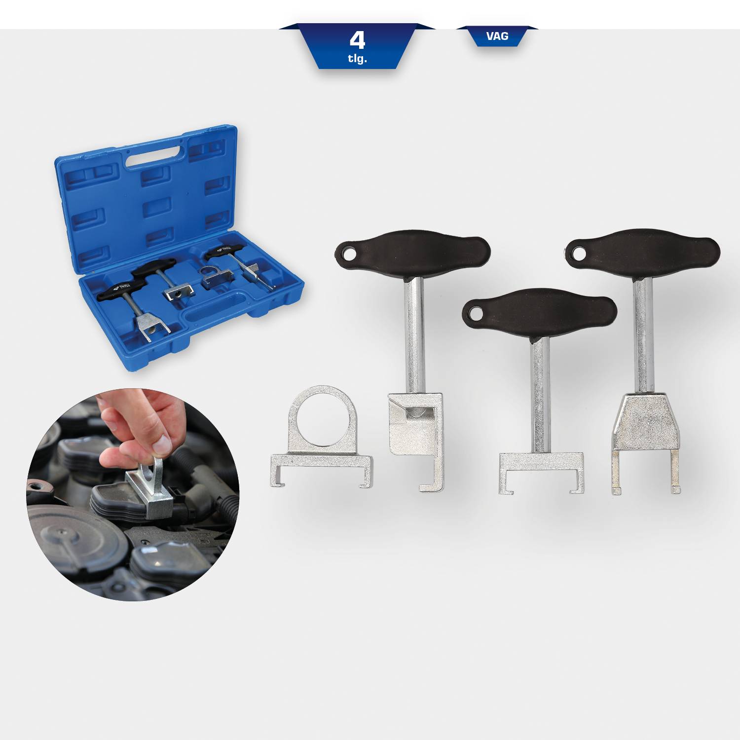 Set of four VAG valve tools, shown with a toolbox and an application example for valve adjustment in the engine compartment.