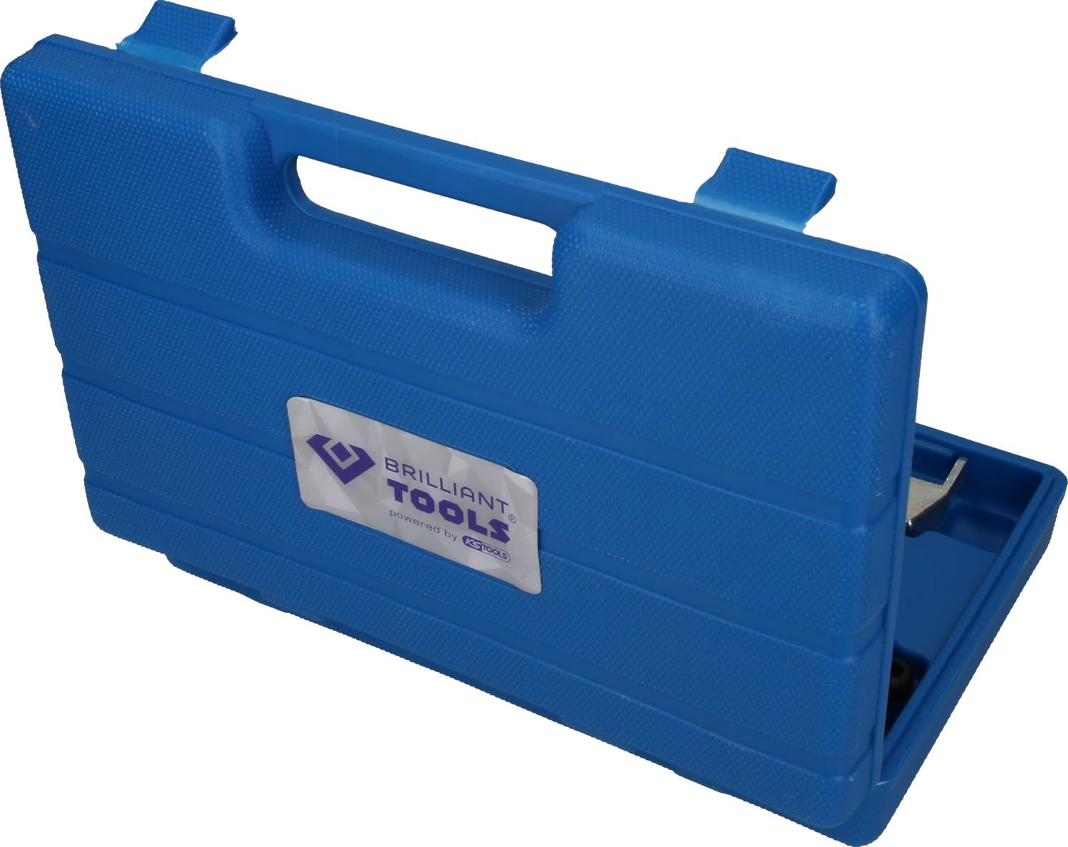 A blue plastic tool case with a carrying handle, marked with 'Brilliant Tools'. The case is partially open.