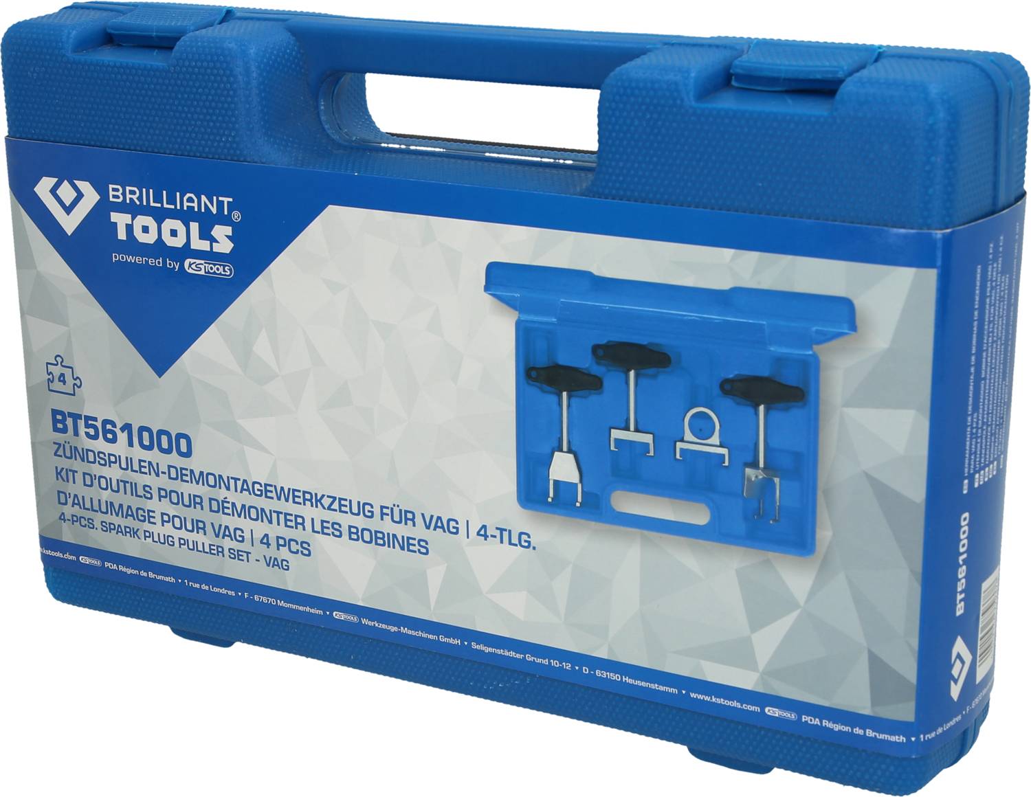 Blue tool case with inscription 'Ignition Coil Removal Tool for VAG, 4-piece set'. Image of the tools on the front.