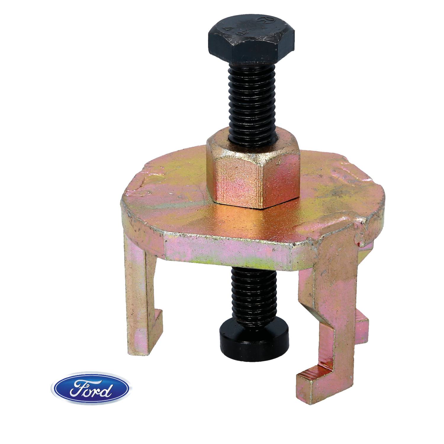 A metal tool with three legs and a central screw, likely a puller, next to a Ford logo.