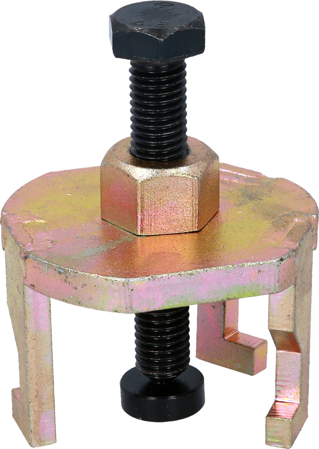 Metal puller with three hooks and a central screw, used for removing bearings or similar parts.