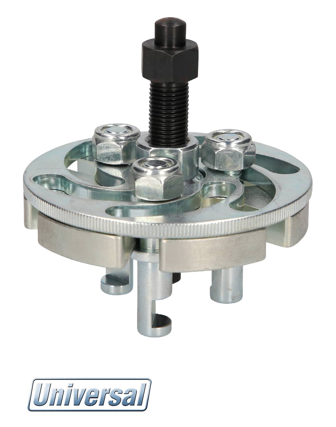 Universal puller tool with adjustable gripping arms and central screw for removing bearings or bushes.