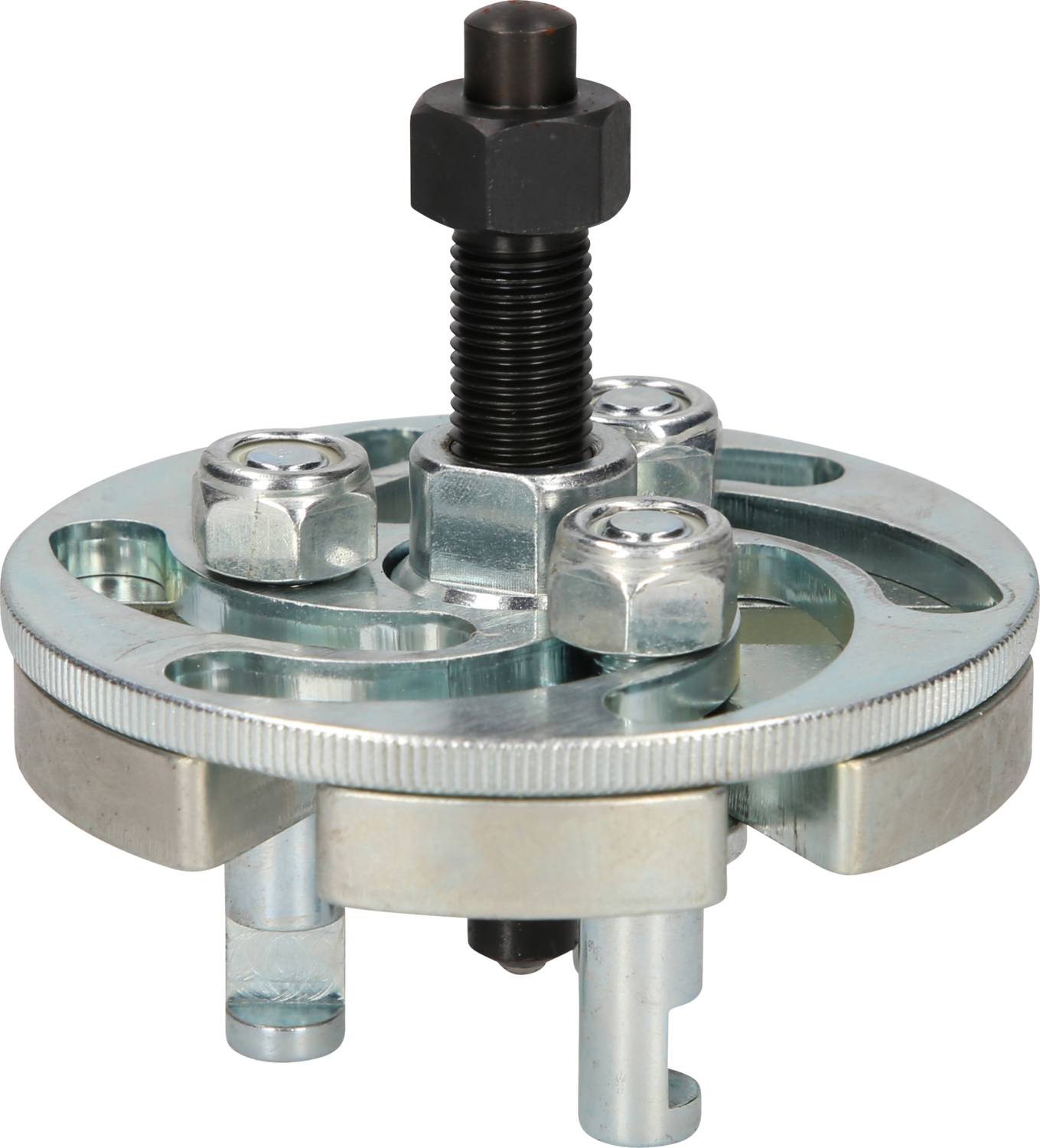 Round metal tool with screws and bolts, used for fastening or adjustment in mechanical applications.