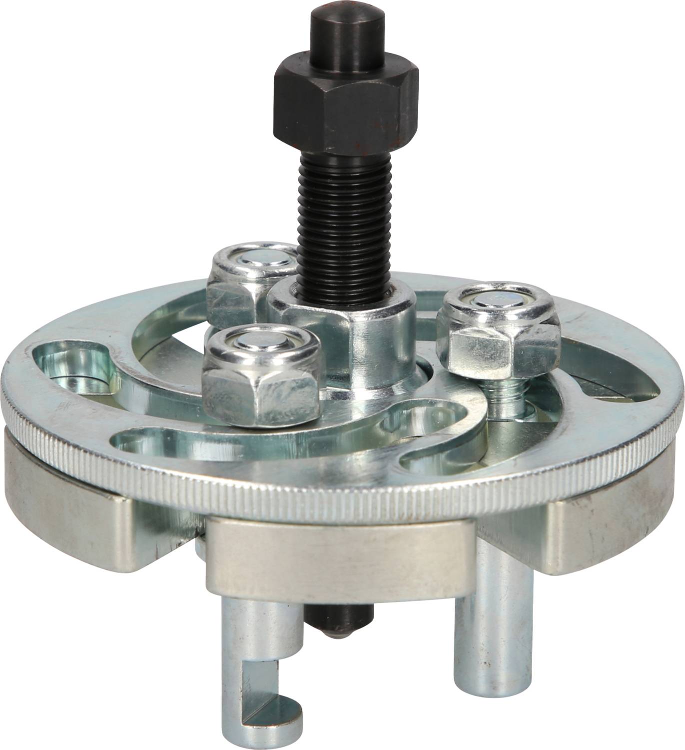 A metal tool, a puller for removing bearings or pulleys, with a tensioning screw and retaining clips.