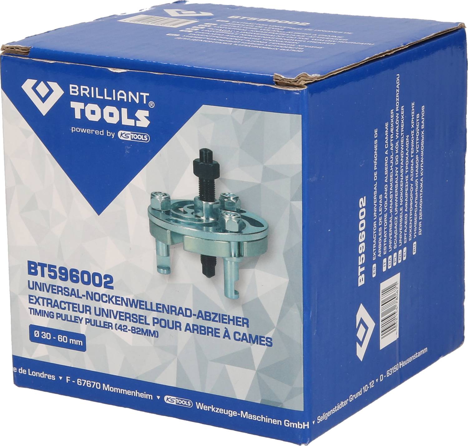 'BT596002 Universal Camshaft Gear Puller by Brilliant Tools, suitable for wheel diameters 30-60 mm. Packaged in Blue.'
