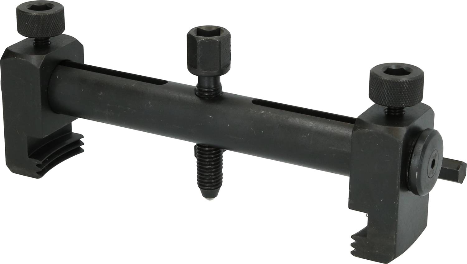 Black metal bolt puller with two V-shaped gripping jaws and threaded screws for removing or installing automotive parts.