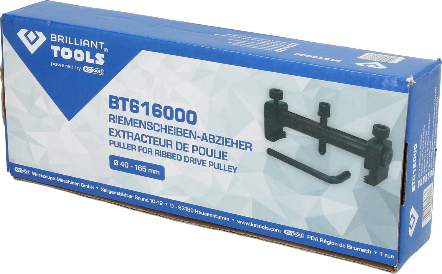 A package displays a pulley puller from BRILLIANT TOOLS, model BT616000, for pulleys ranging from 40 to 165 mm.