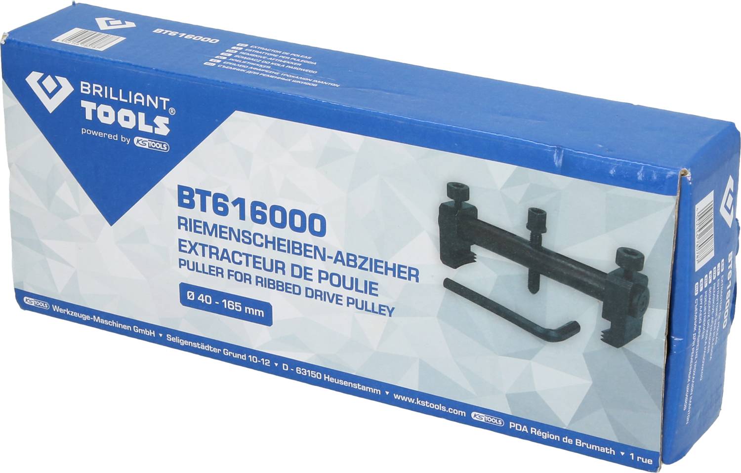 A blue packaging with the inscription 'Brilliant Tools BT616000 Pulley Puller'. Shows an image of the included tool.