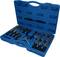 A blue toolbox with various adjustable extraction devices, neatly arranged in compartments.