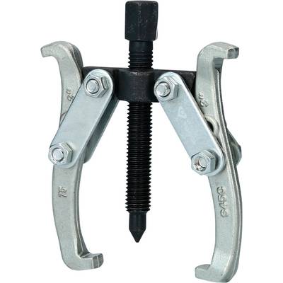 Two-legged metal puller with a screw mechanism in the centre, used for removing tightly fitted parts such as gears or bearings.