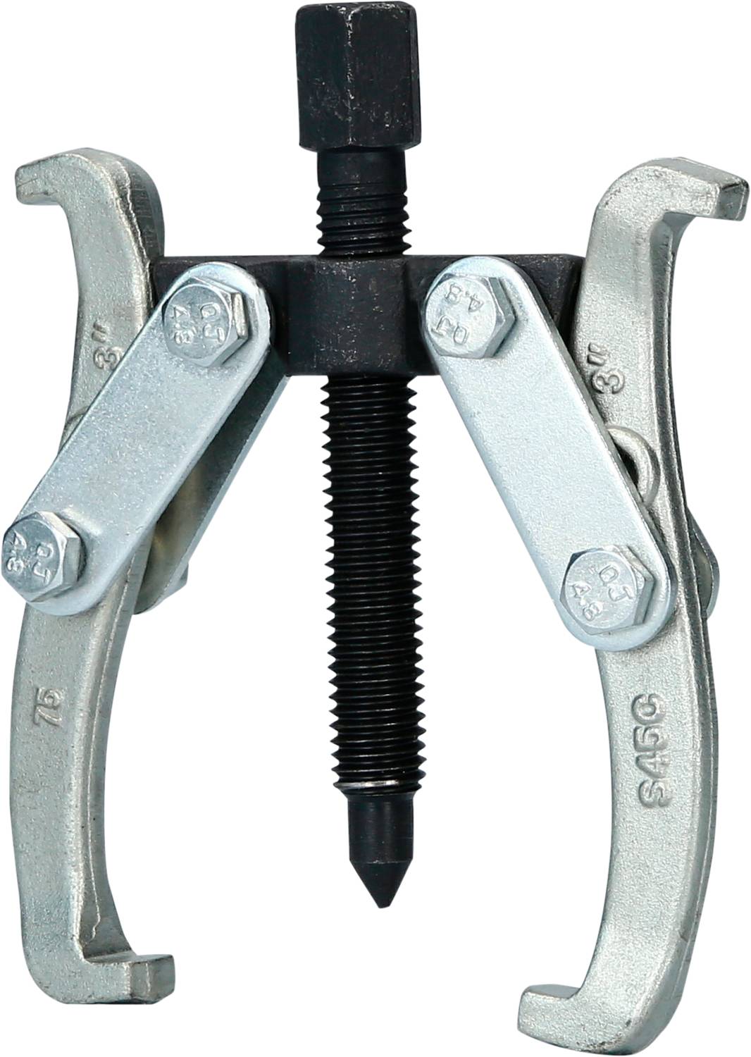 A metal puller with two movable arms and a central screw, designed to remove bearings from shafts.