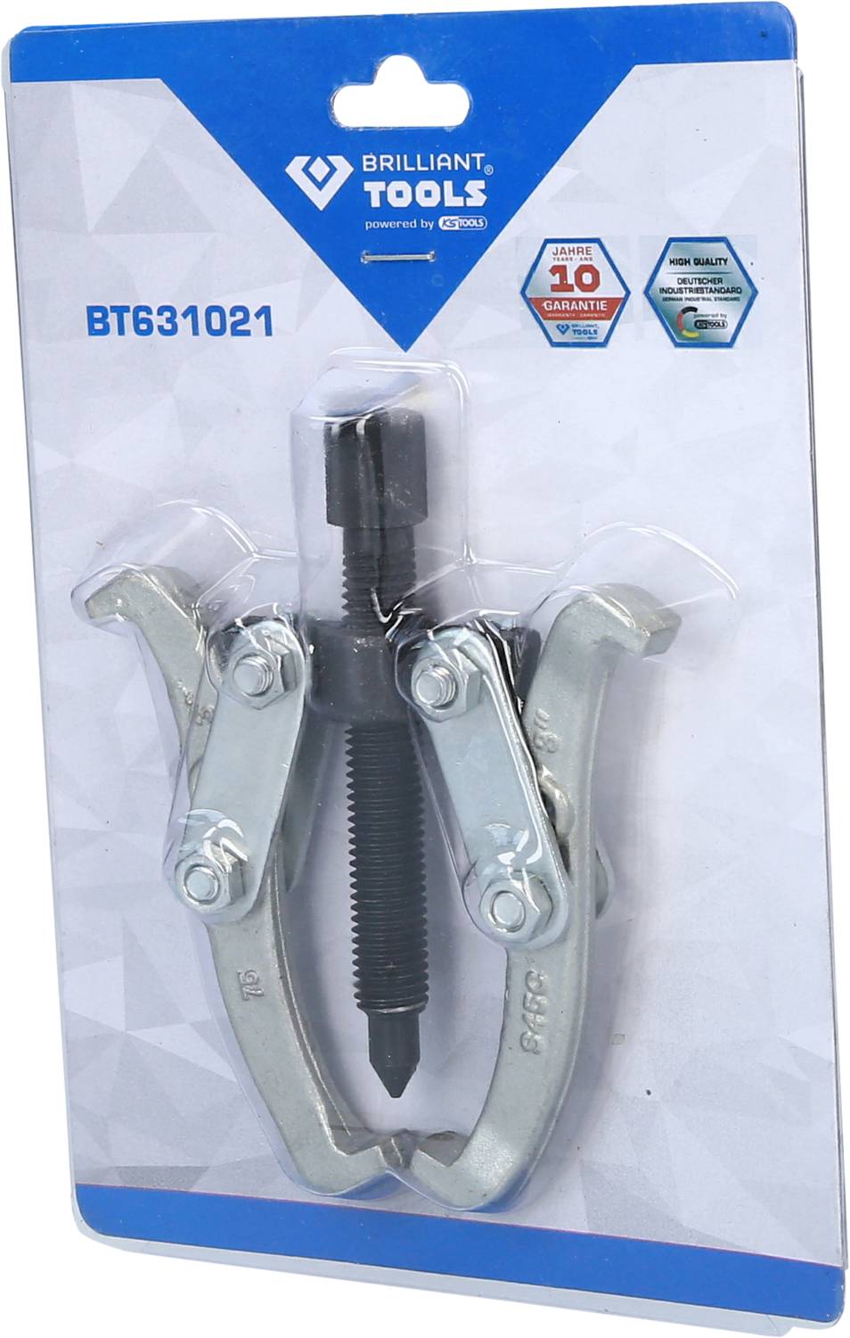 Two-arm puller in packaging by Brilliant Tools, model BT631021, with central spindle and warranty information.