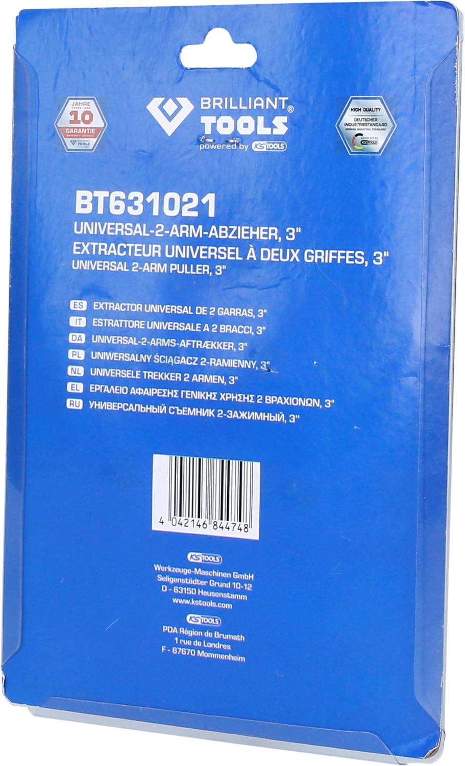 Blue packaging of a Universal 2-Arm Puller with article number BT631021 and multiple languages. Brand logo at the top, product information at the bottom.
