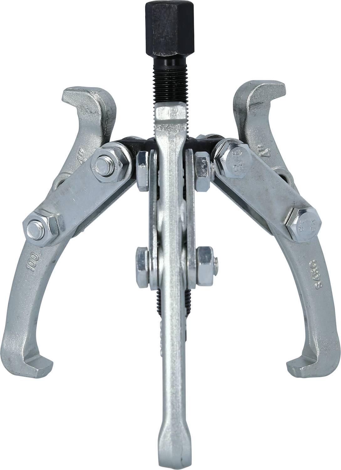 'Three-legged puller with central screw, suitable for removing bearings or gears. Metal construction with movable arms.'
