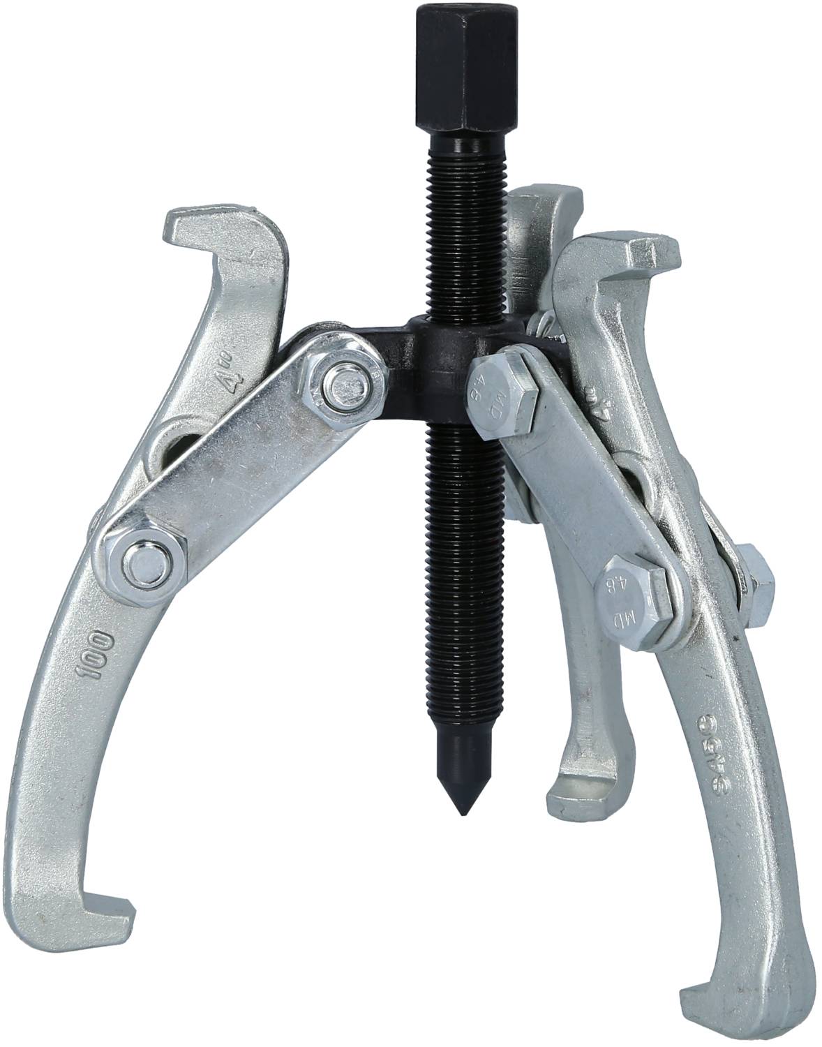 A three-legged metal puller with an adjustable screw mechanism, used for removing bearings or gears.