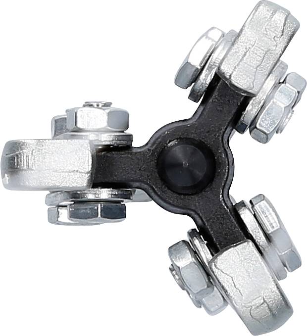 Four-arm metal universal joint connector, each arm secured with screws. Used in mechanical applications for torque transmission.