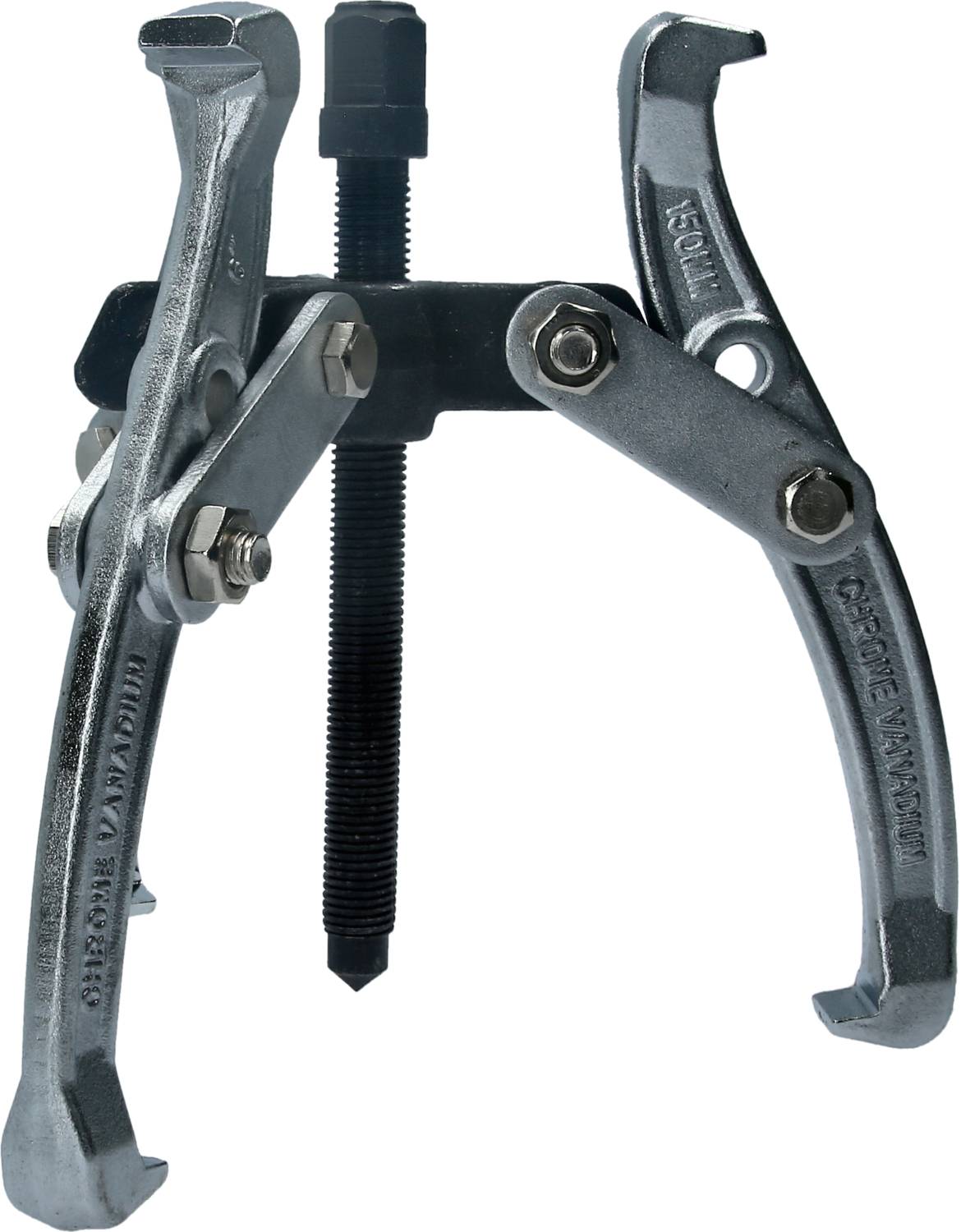 Silver three-arm puller for removing bearings or gears. Turns a central screw to loosen objects.