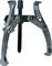 Silver three-arm puller for removing bearings or gears. Turns a central screw to loosen objects.
