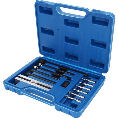 Blue plastic case with a set of screw extraction tools, including drill bits and adapters.