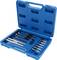Blue plastic case with a set of screw extraction tools, including drill bits and adapters.