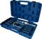 Blue plastic toolbox with a set of automotive tool parts, including a puller and several adapters, which are used for vehicle maintenance.