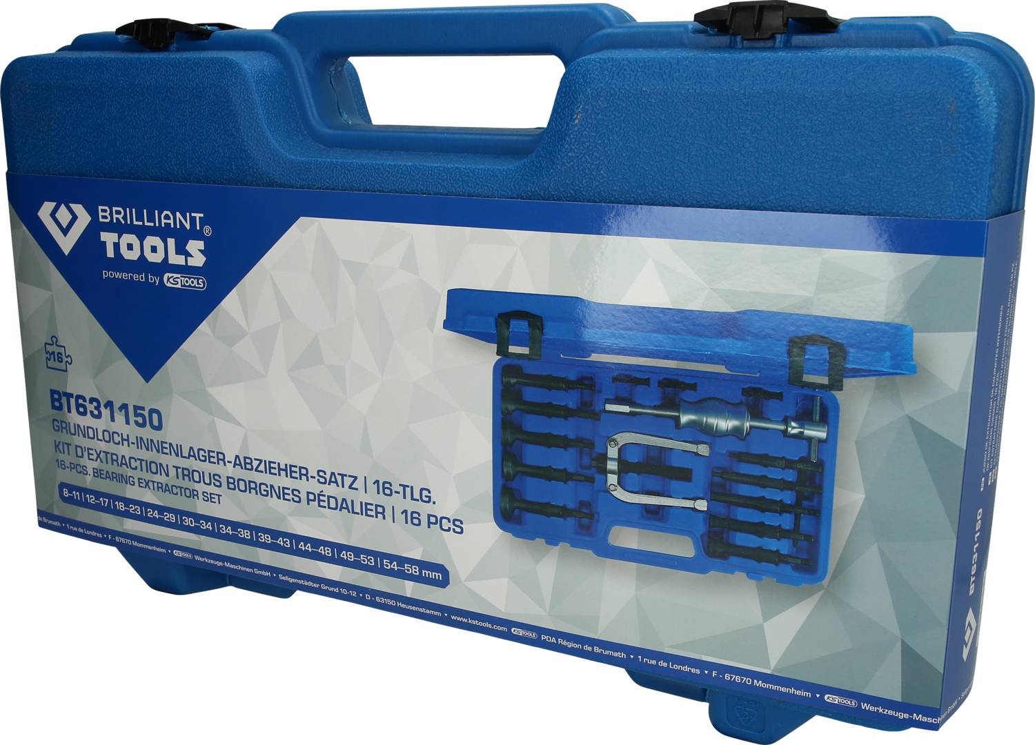 Blue tool case by Brilliant Tools with 16-piece basic hole internal bearing puller set. Case lid shows tool insert.
