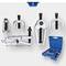Tool set for bearing pullers includes five parts of different sizes for mechanical work, presented in a blue plastic case.